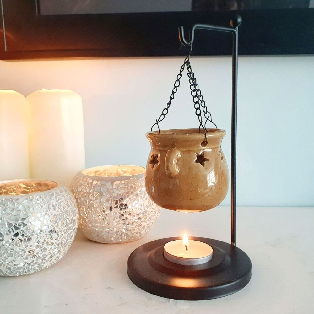 Hanging Brown Ceramic cauldron oil burner with Metal house shaped Stand