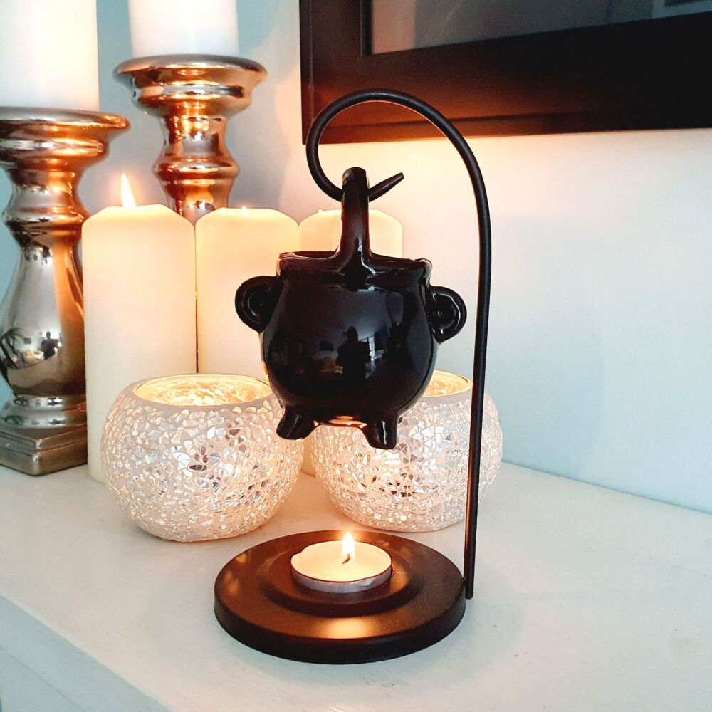 Hanging Black Ceramic cauldron oil burner with Metal house shaped Stand
