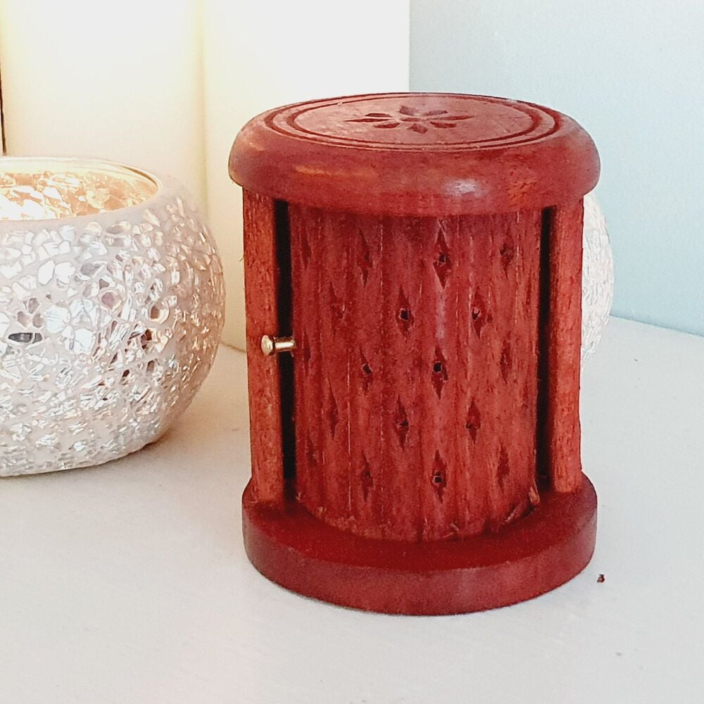 Mango Wood Carved Barrel Incense Cone Burner with Door