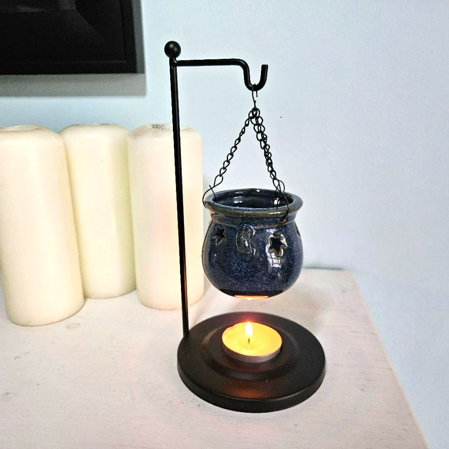 Hanging Blue Ceramic cauldron oil burner with Metal house shaped Stand