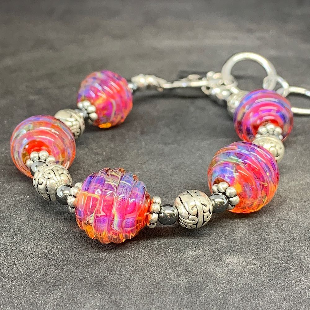 Flamingo - lampwork ribbed bead multi-size bracelet