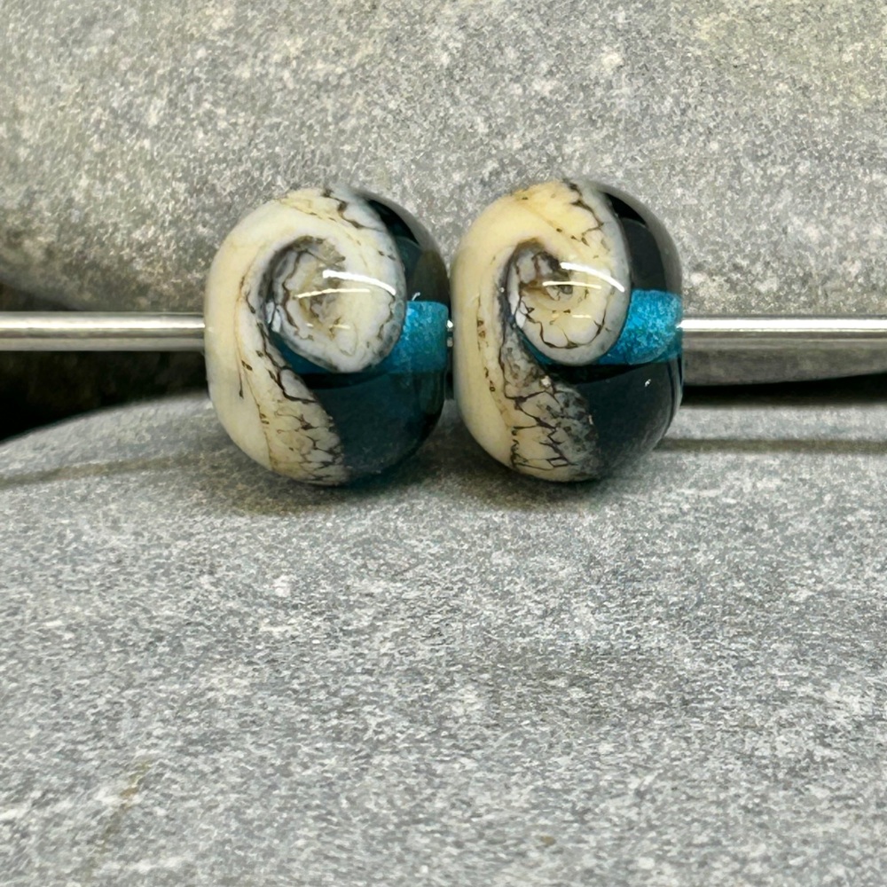 Lampwork bead  pair, 12mm - turquoise and cream