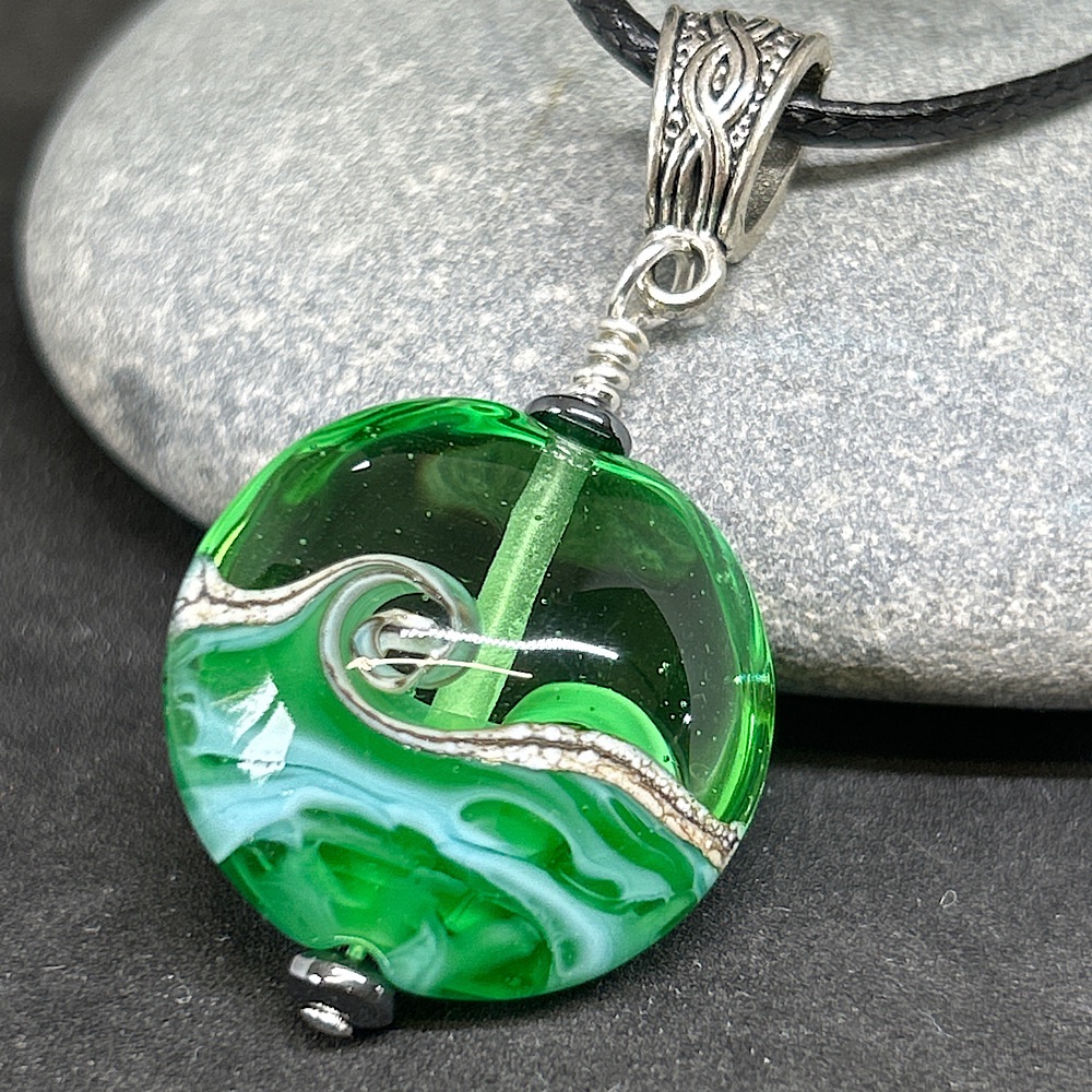 Emerald seas,  lampwork glass pendant