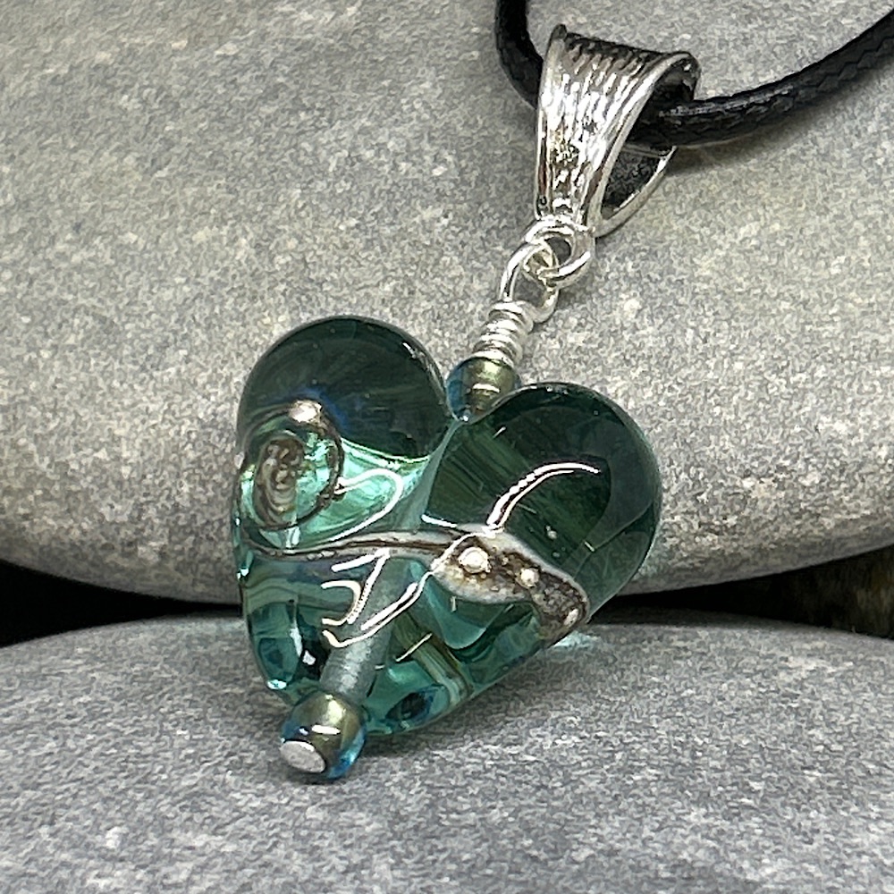 Green and silver heart lampwork pendant