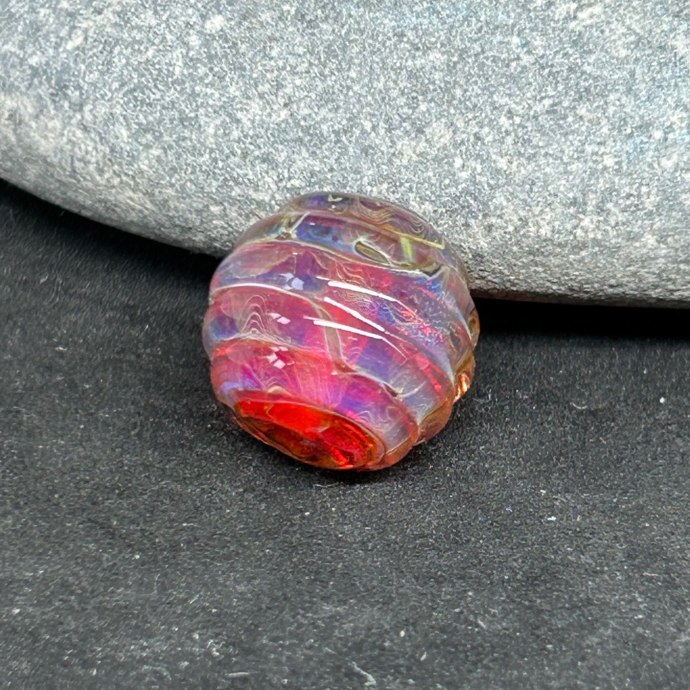 Silver rich glass ribbed focal bead- hot pink