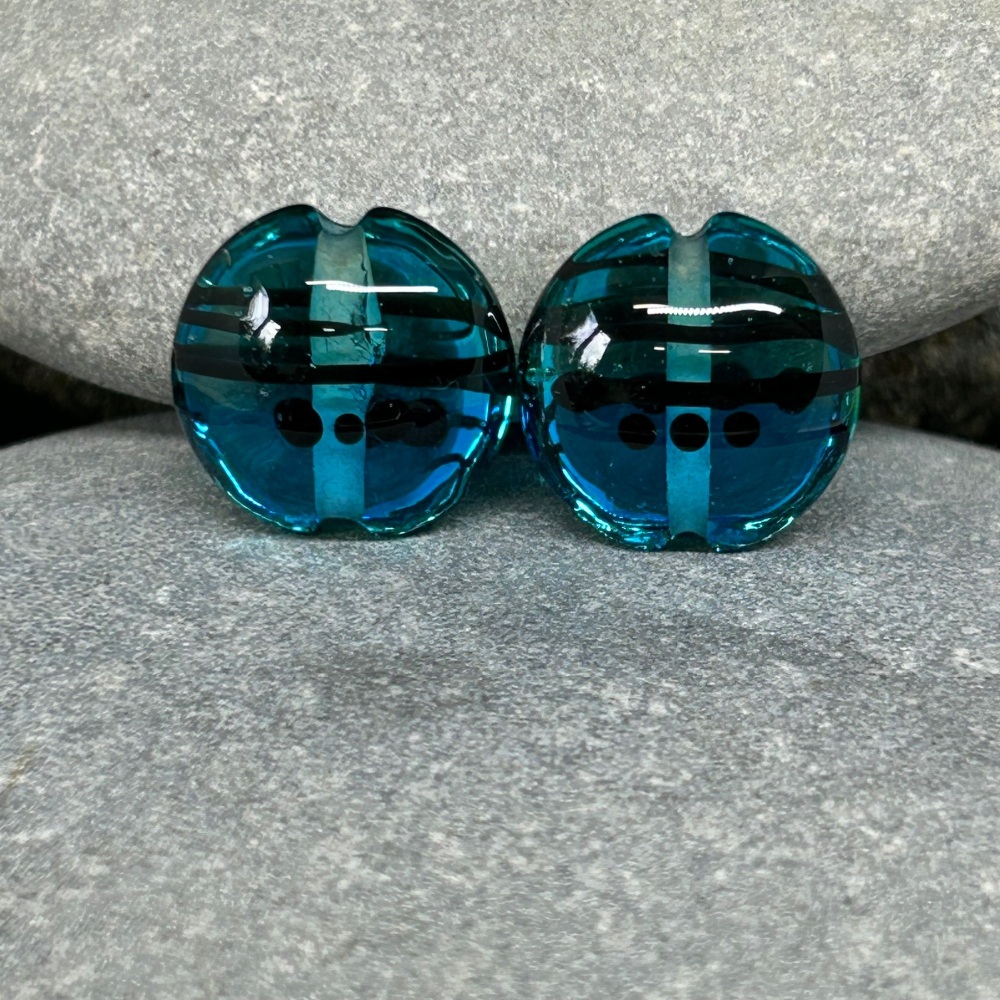 Lampwork glass bead pair,  turquoise and green