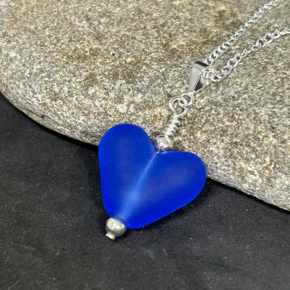 Matte blue heart lampwork pendant