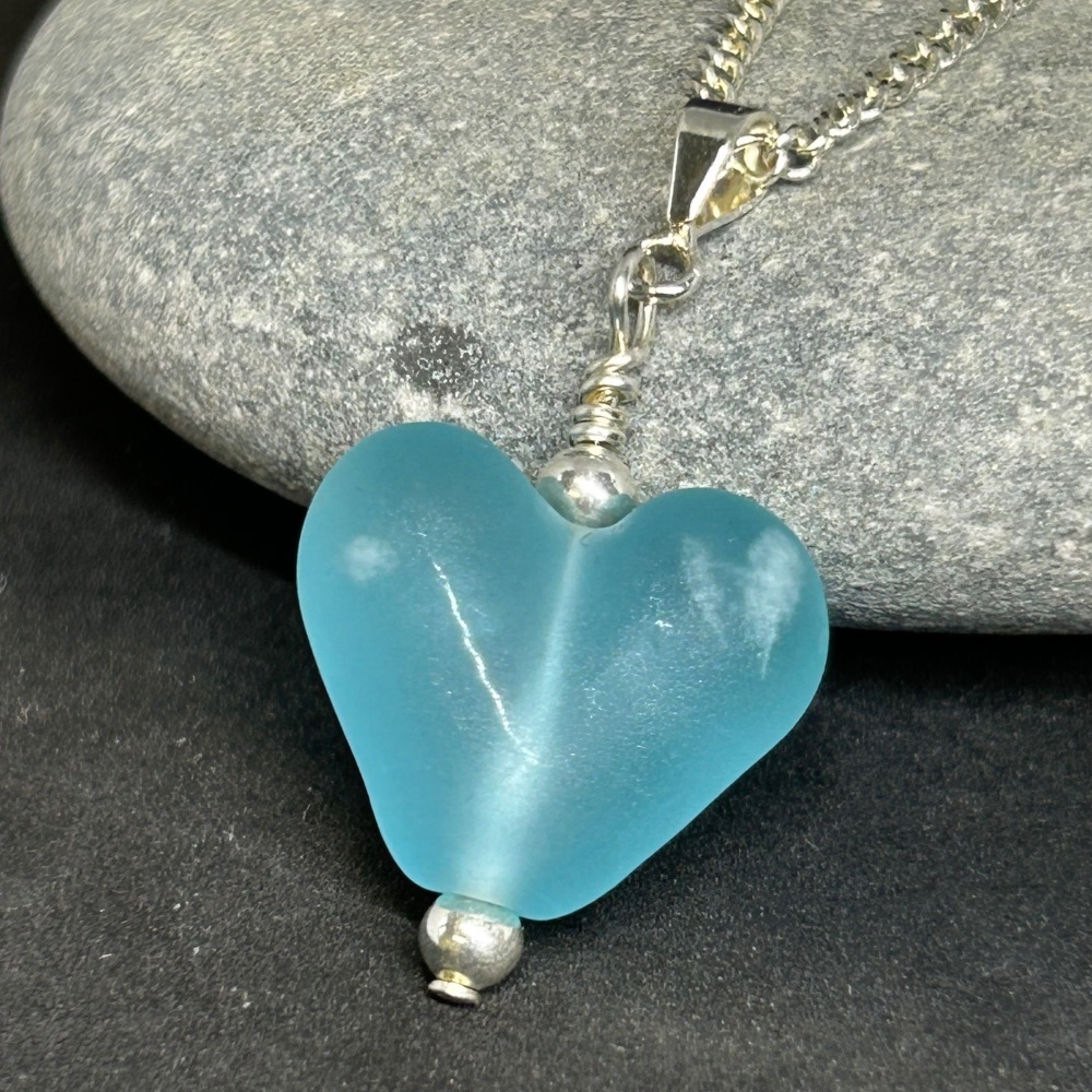 Matte pale blue heart lampwork pendant