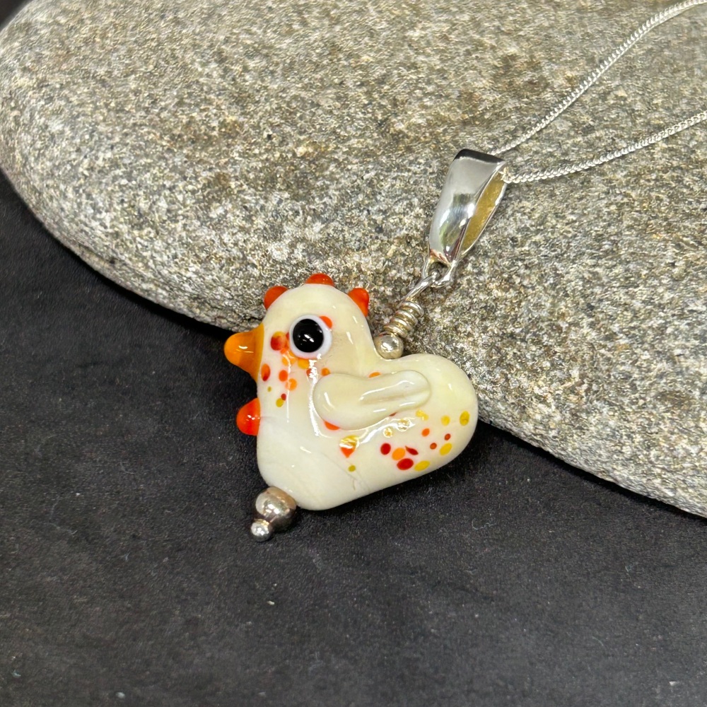 Love Chicken sterling silver and lampwork pendant