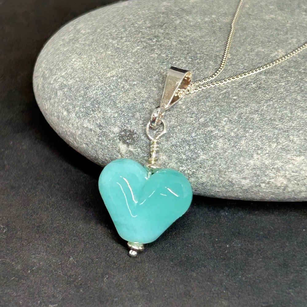 Seafoam tiny heart sterling silver and lampwork pendant