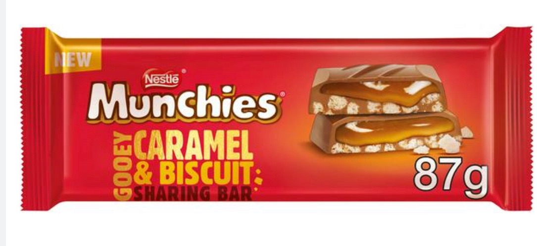 Munchies caramel and biscuit milk chocolate 87 gm  bars best before 04/2023