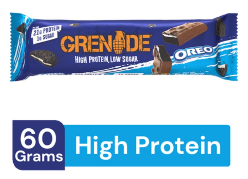 Grenade oreo protein 60g  bar with 21g protein and 1g sugar per bar best be