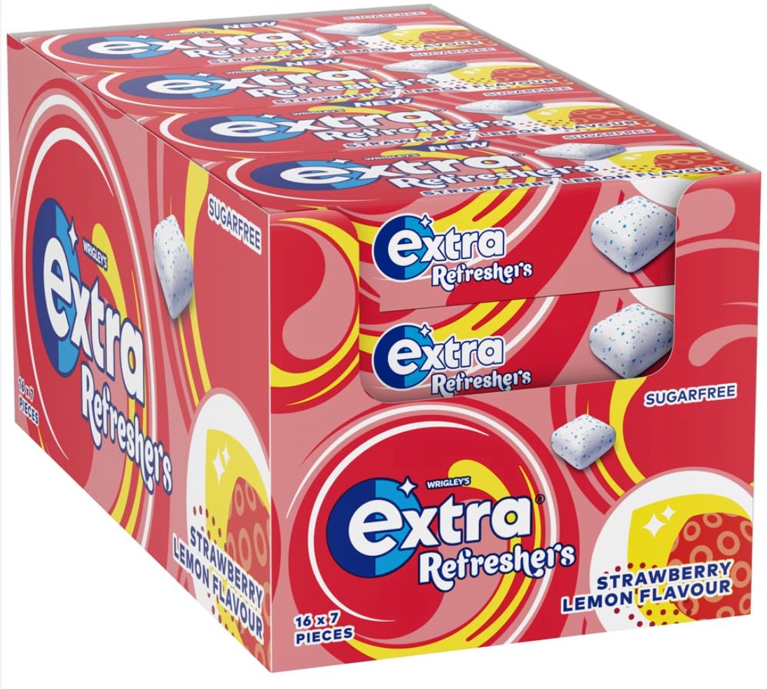 Wrigleys extra refreshers strawberry lemon flavour sugar free chew gum, bes