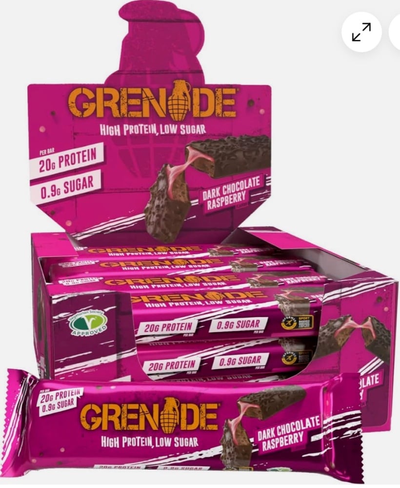 Granade protein 60 gm bar dark chocolate raspberry Karb killer 20g protein price for a box of 12 bars best before 31/3/2025 includes free postage