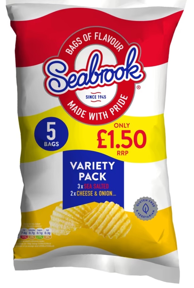 Seabrooks 5 packs variety and 5 pack fries. Best before 11/2023 and 8/2024 