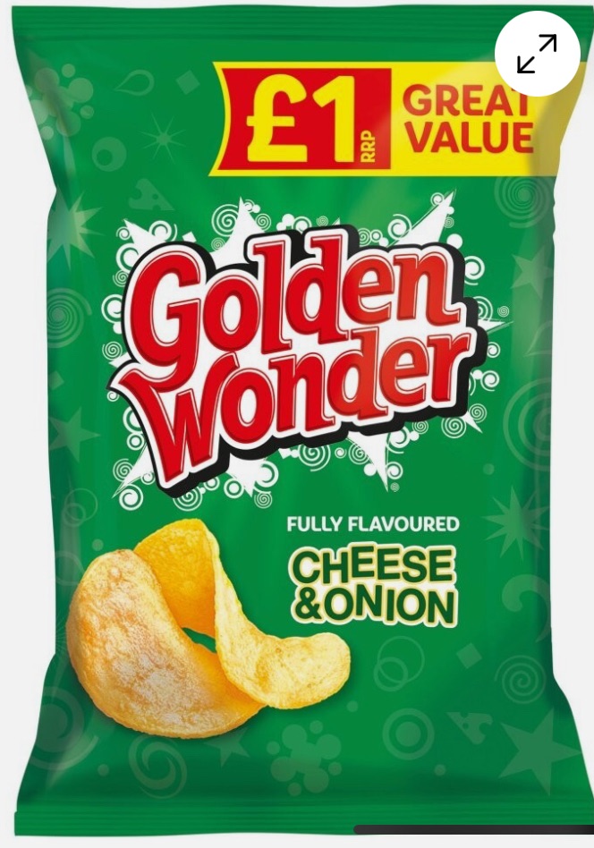 Golden wonder cheese and onion 57gm pack of crisps x 20 bags best before 7.