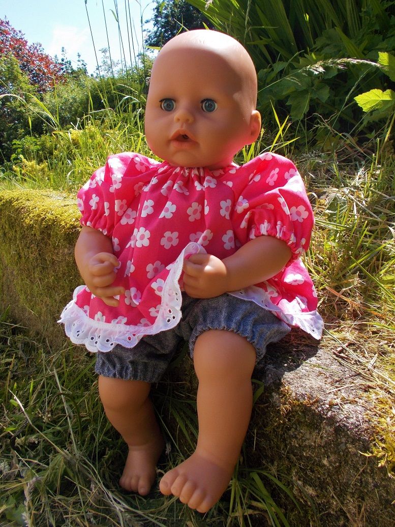 Raspberry Floral Top and Denim Shorts for Baby Dolls