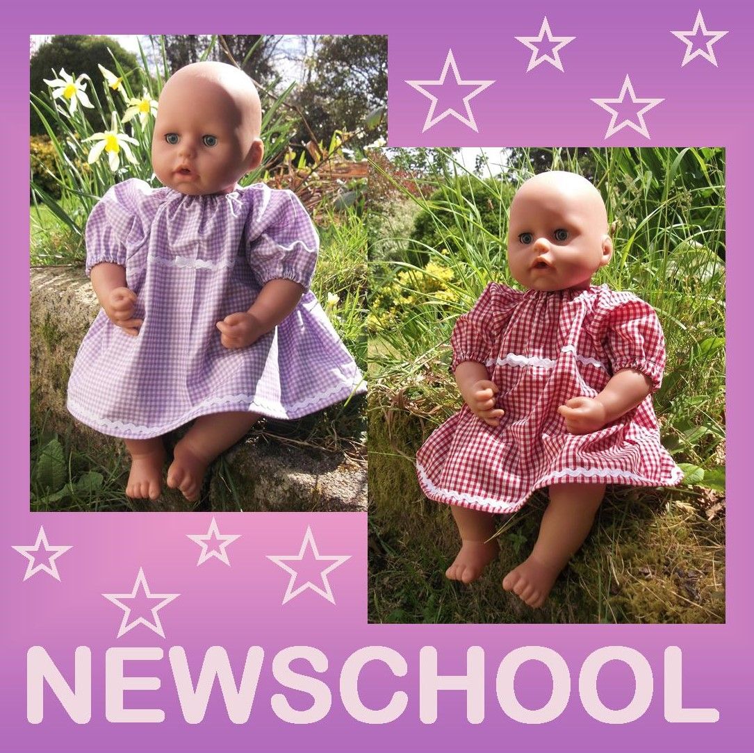 Dolls wearing school dresses, with text