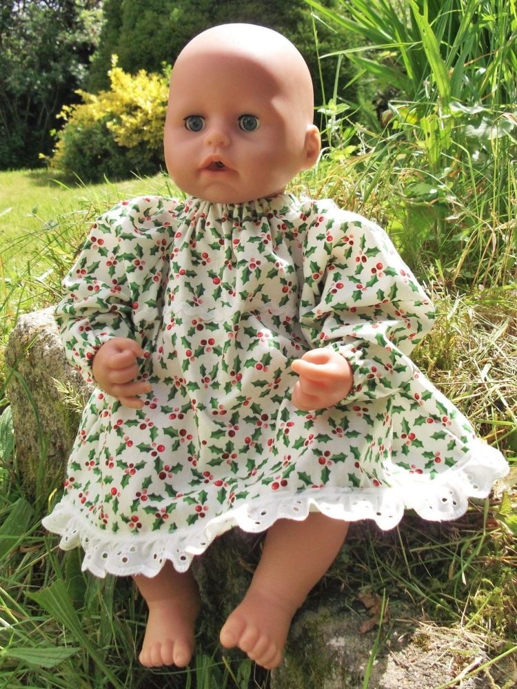 Holly and Berries Christmas Dress for Baby Dolls