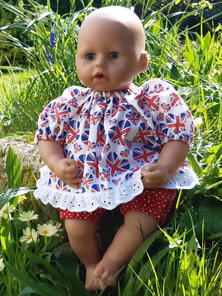 Union Jack Hearts Top & Shorts for Baby Dolls