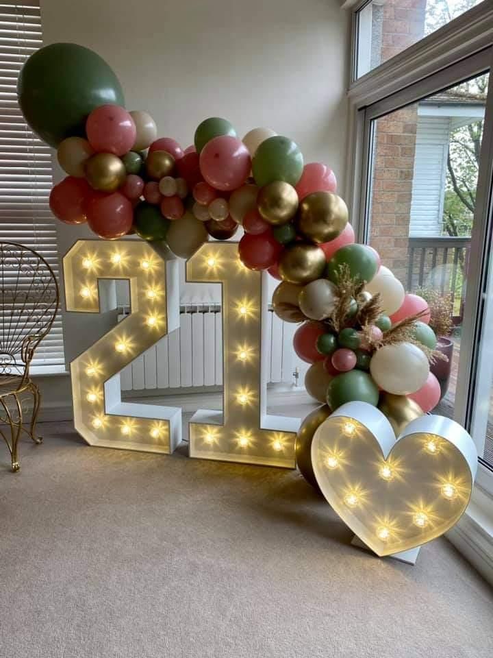 Light up 21 Numbers with pink, white, green and gold balloon decor with sma