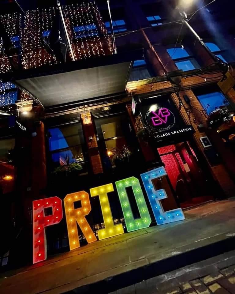 Pride light up letters at Velvet Hotel on Canal Street in Manchester