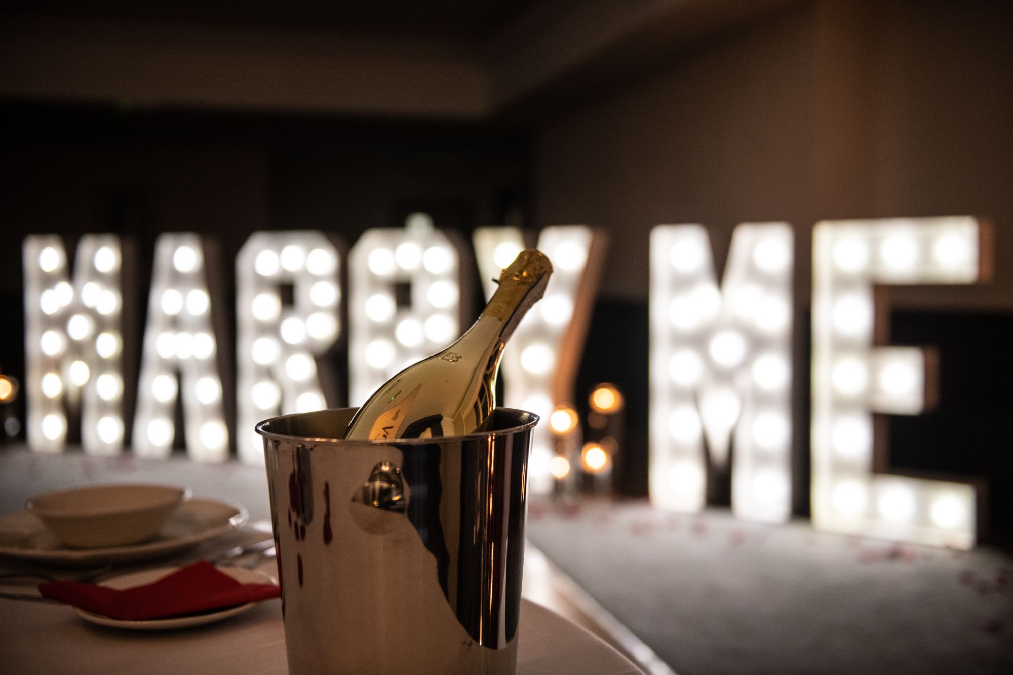 Marry Me Light Up Letters with Bottega Gold Prosecco in ice bucket in the foreground.jpg