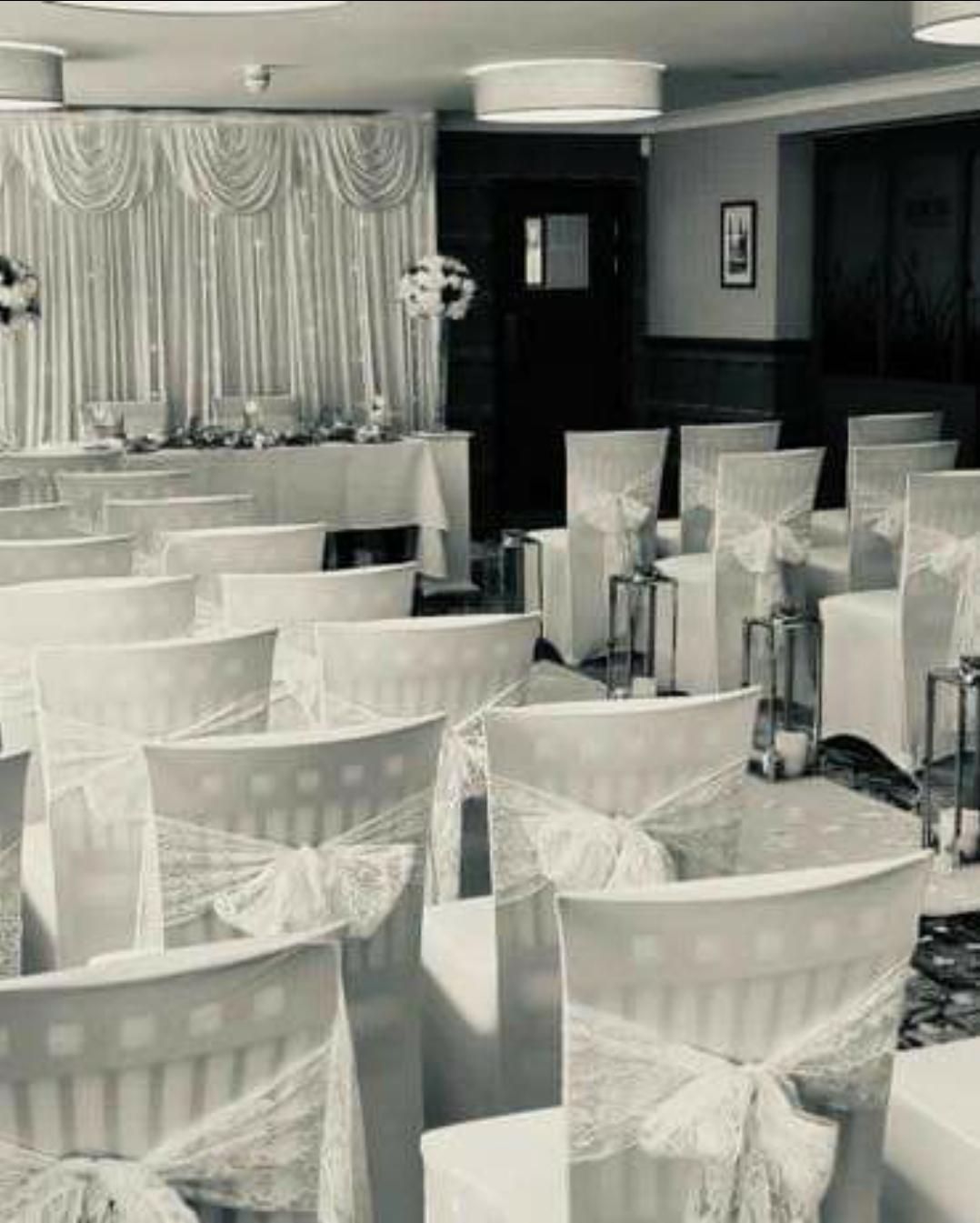 Wedding Ceremony at The Birch Hotel with White Lace Chair Sashes.jpg