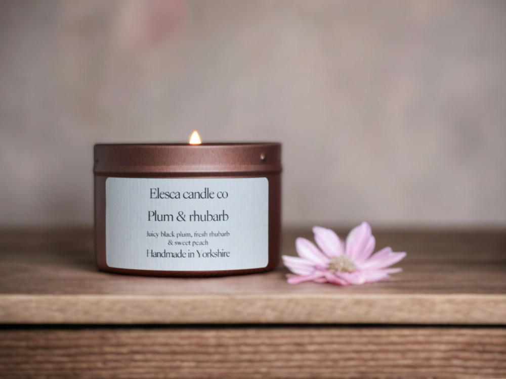 Plum & rhubarb rose gold tin candle