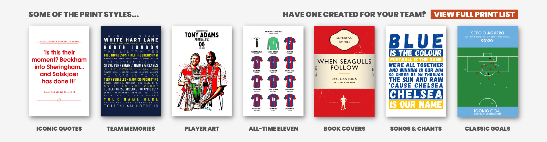 Various football print styles - quotes, memories, art, all-time XI, book covers, songs