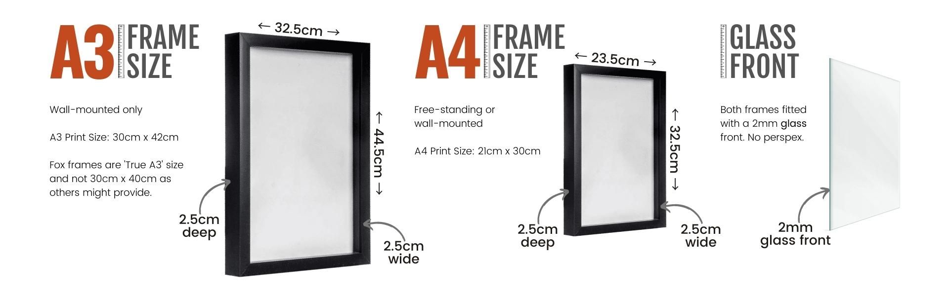 Frame size guide for prints at Fox On The Hill Prints - A3 (32.5cm x 44.5cm) A4 (23.5cm x 32.5cm)