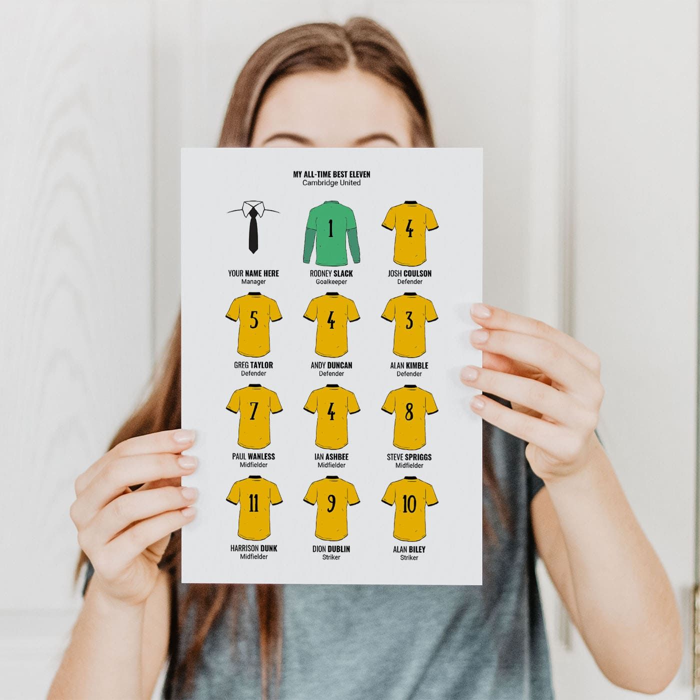 A4 Cambridge United  greatest all-time eleven personalised football print