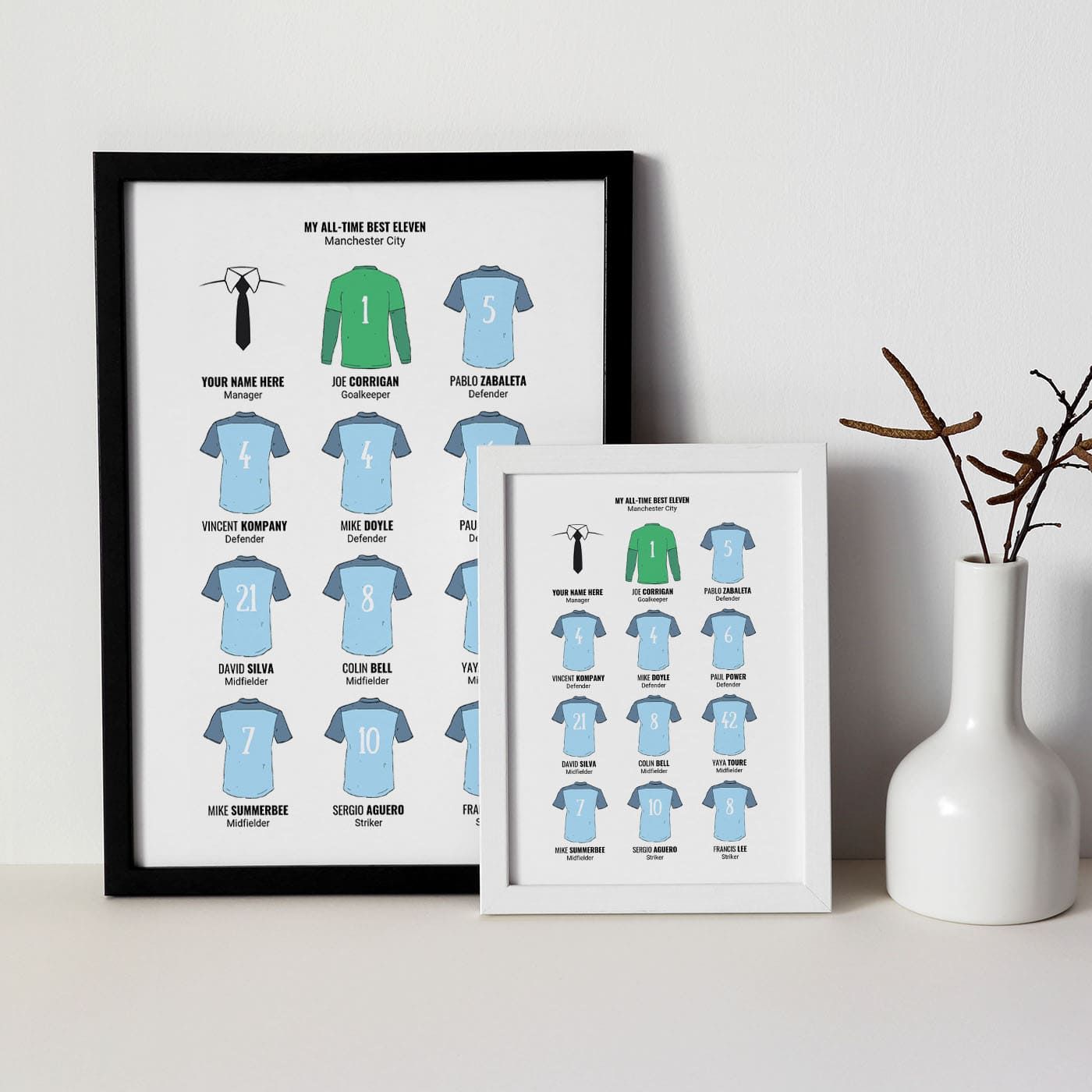 A3 black framed & A4 white framed Man City greatest all-time eleven personalised football print