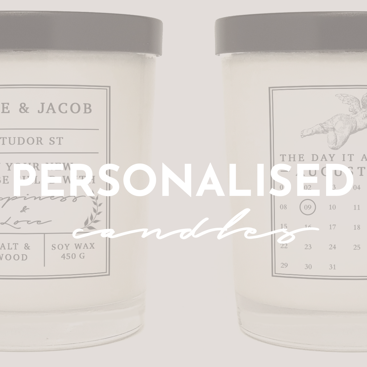 Personalised bespoke candles. Design your own labels. Made to order. Soy candles. Wood wick.