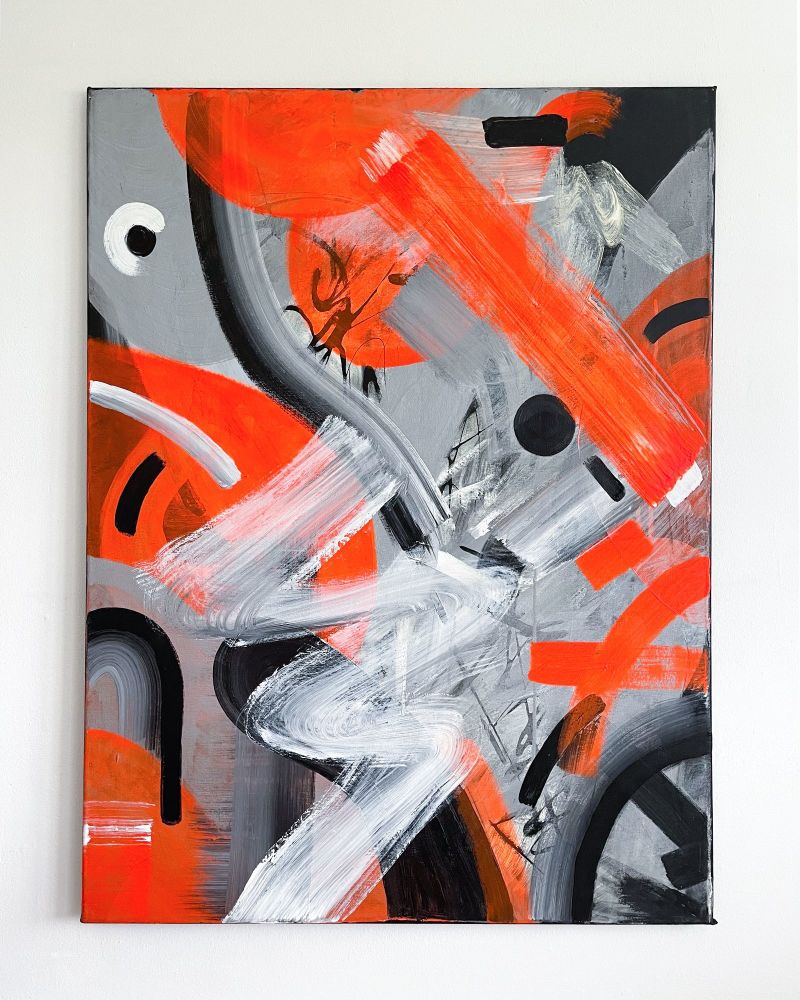 Neon Orange & Silver 2020 (Abstract Artwork By Hywel Jones)