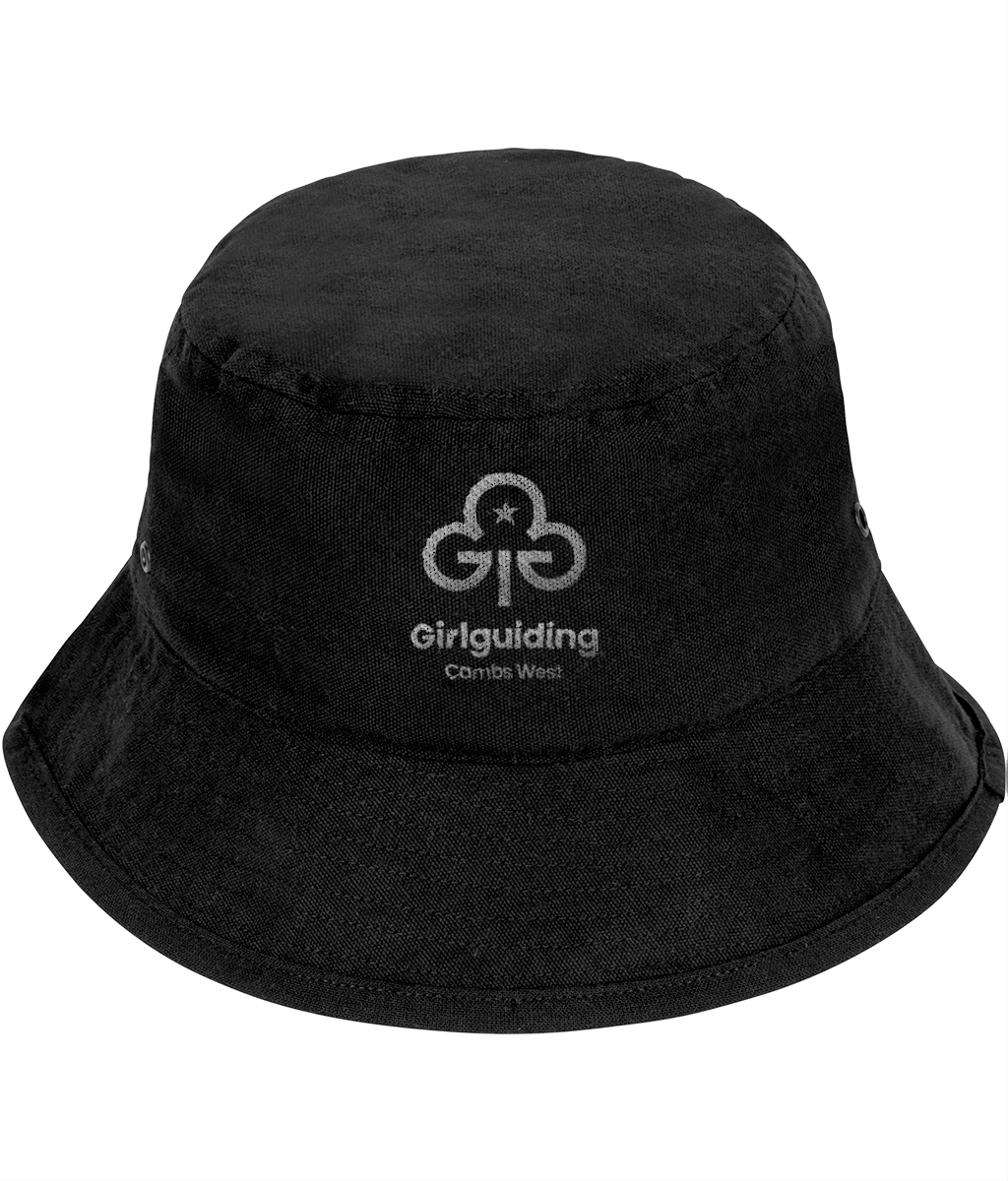Bucket hat embroidered with the new trefoil and Girlguiding Cambs West