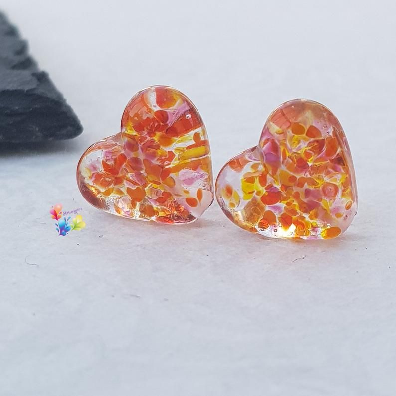 Tequila Love Heart Pair, Lampwork Beads Handmade, Small Beads, Stained Glas