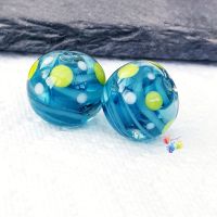 Steel Blue Ribbon with Green  & White Spots Round  Glass Lampwork Beads