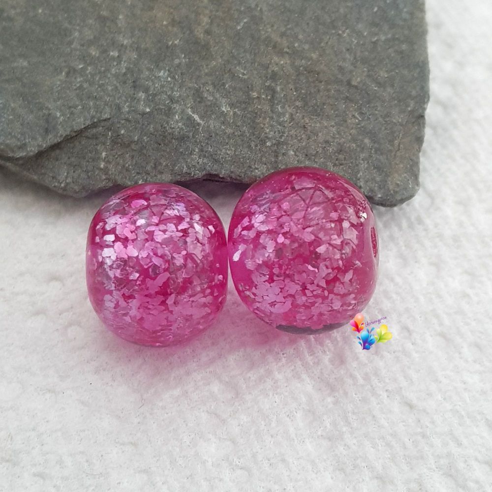 Hot Pink Glitter Round Lampwork Bead Pair