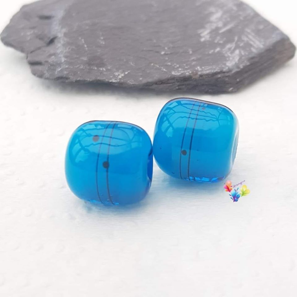 Blue Velvet Urban Scribble  Barrel  Lampwork Bead Pair