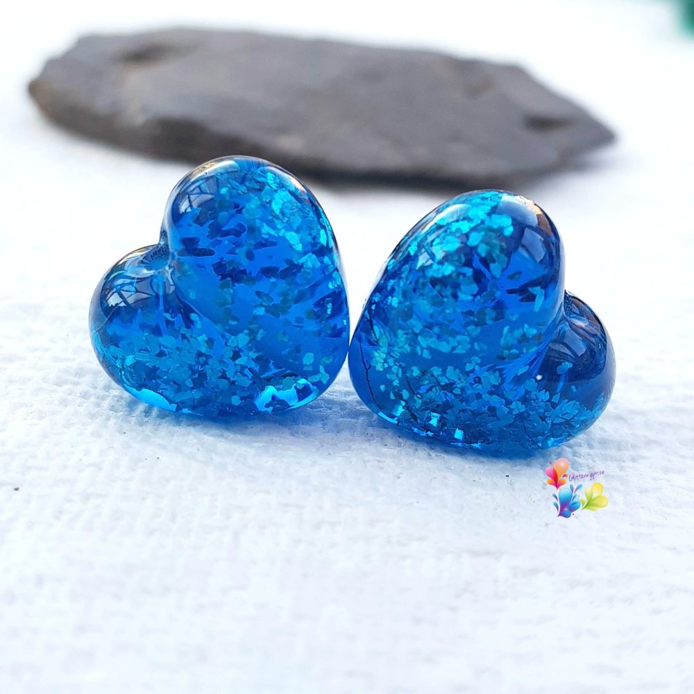 Turquoise Sparkle Hearts Lampwork Bead Pair