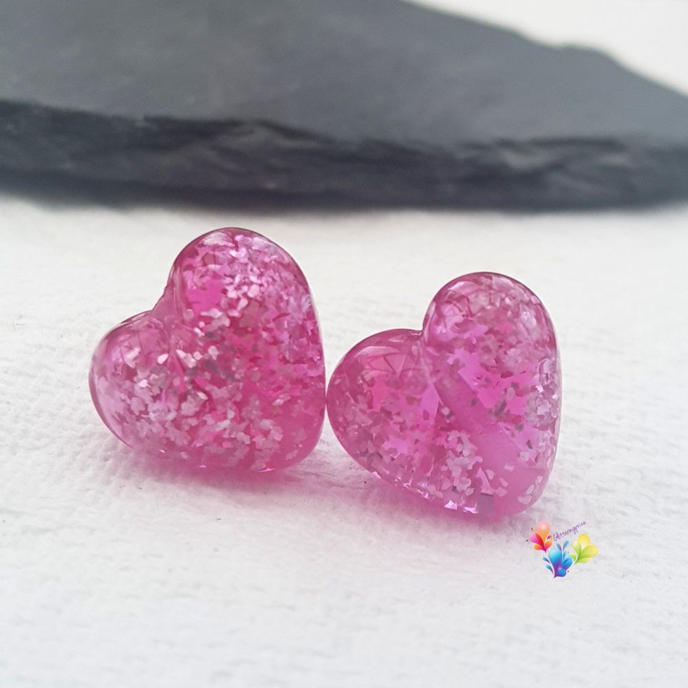 Hot Pink Sparkle Hearts Lampwork Bead Pair
