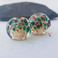 MEDIUM Gold Christmas Holly Globe Pair Lampwork Beads