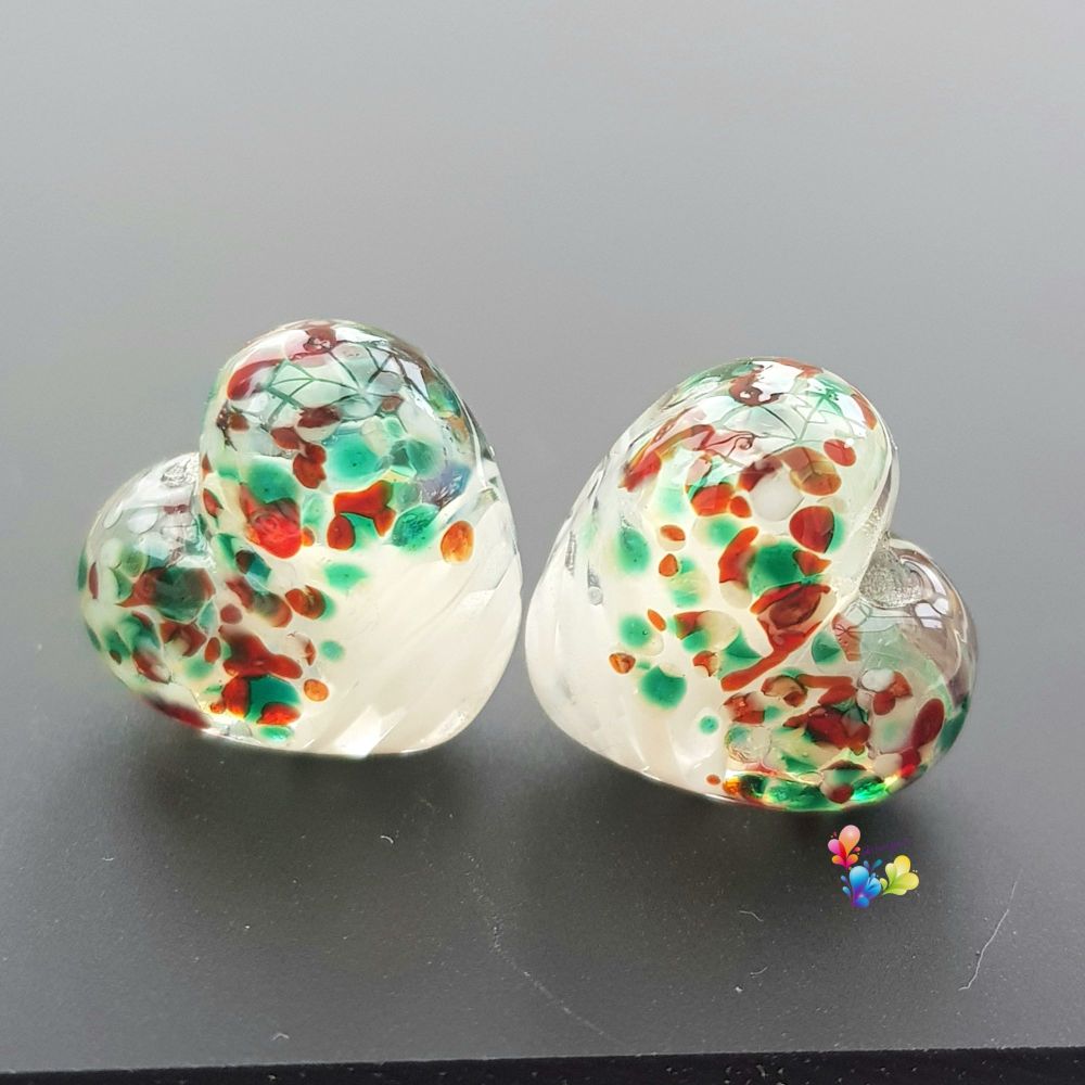 White Ribbon Christmas Heart Lampwork Beads