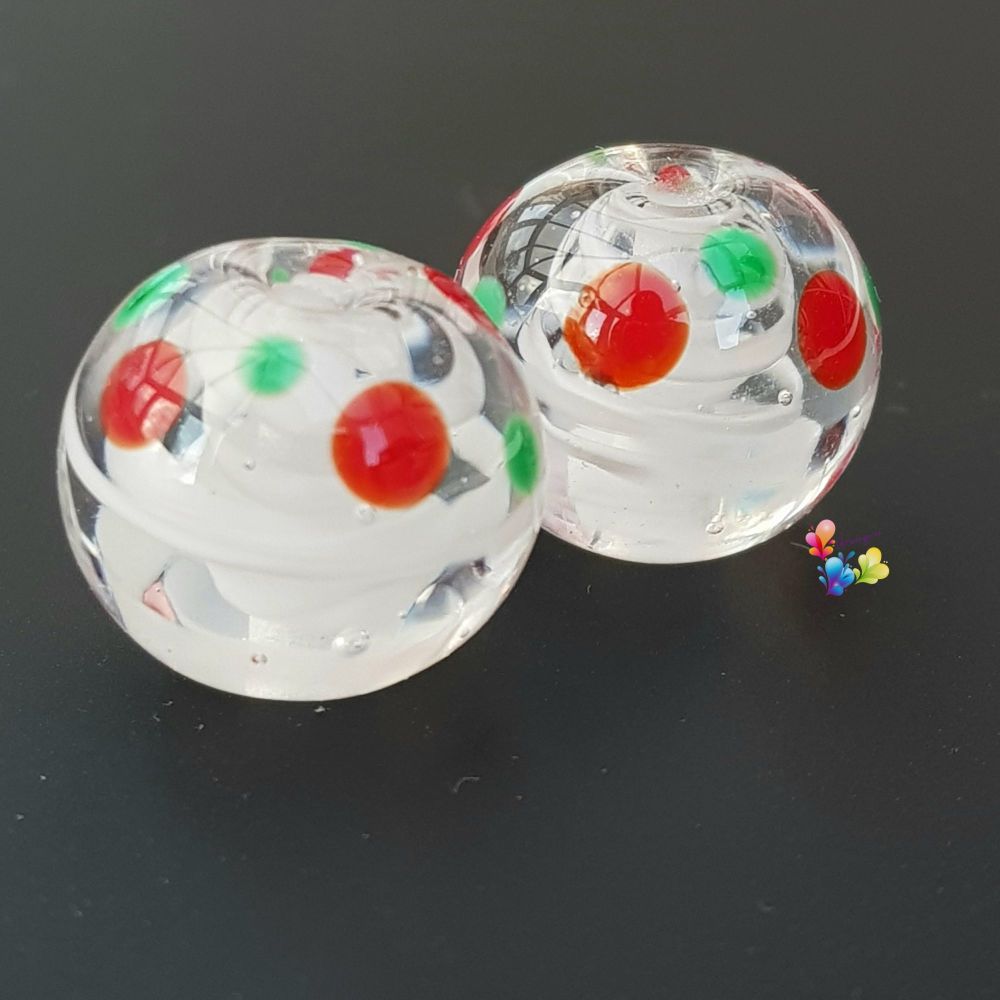 White Ribbon Christmas Spot Pair Lampwork Beads