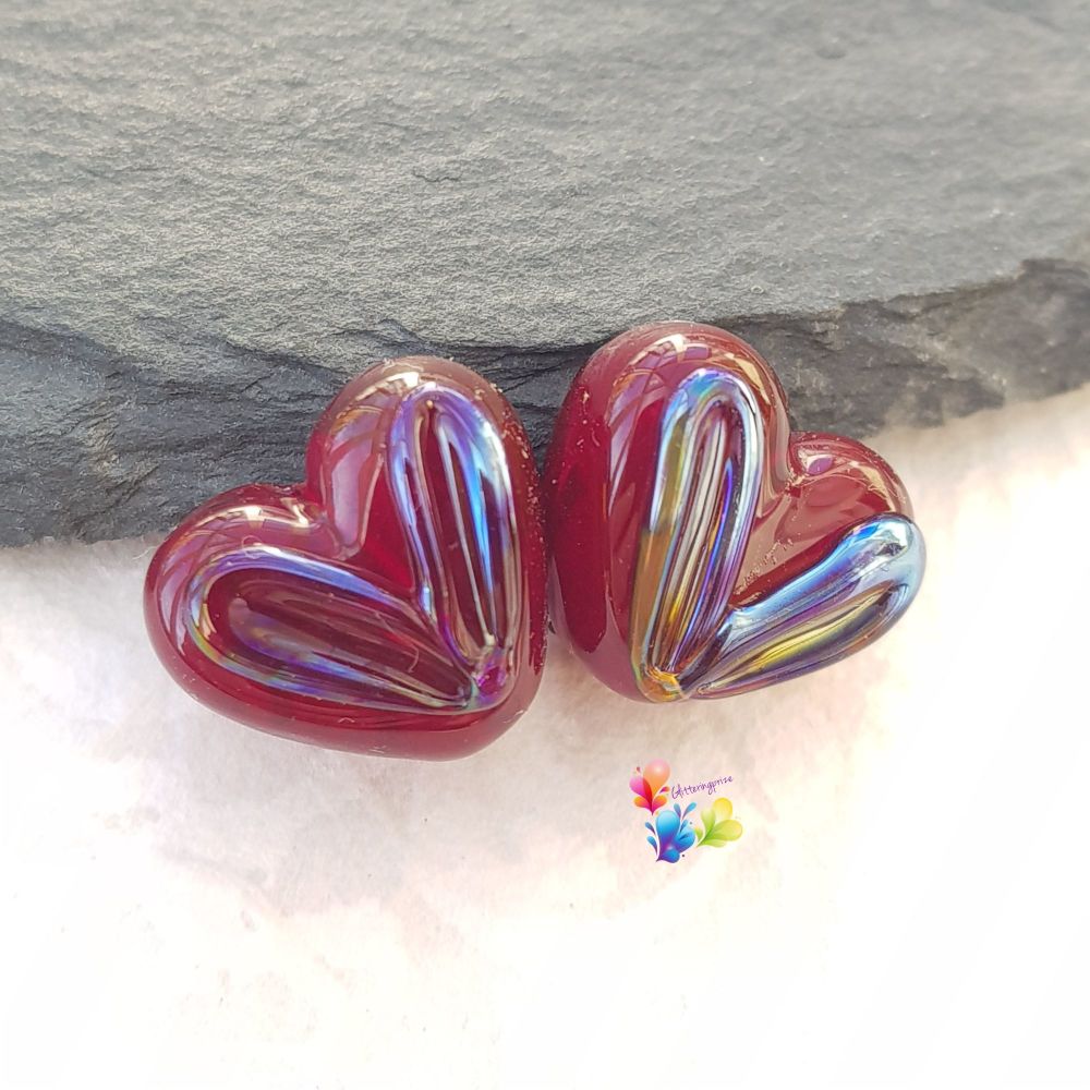 Garnet Halo Lustre Heart Glass Lampwork Beads