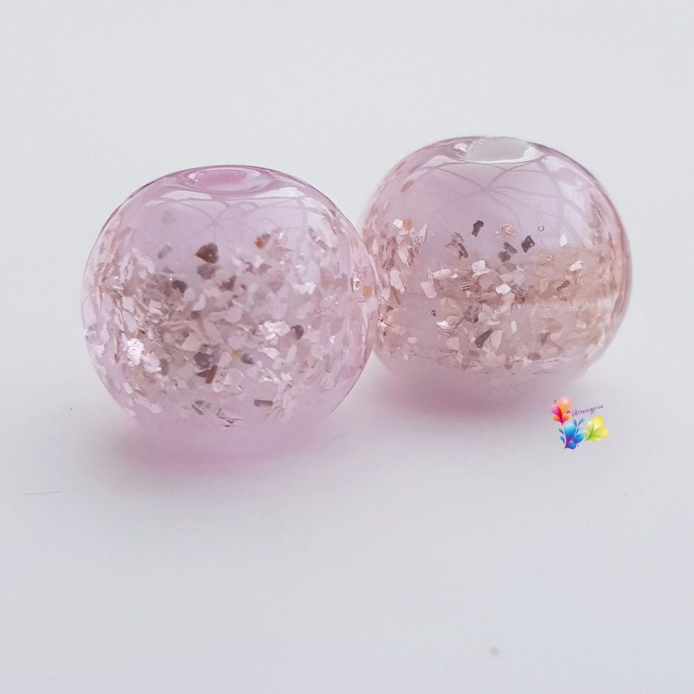 Pink Over White Glitter Round Lampwork Bead Pair 