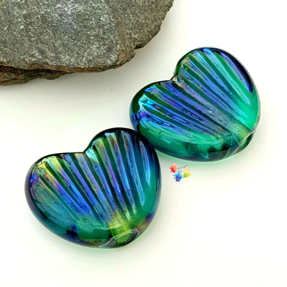 Light Blue Metallic Fin Heart Bead Pair