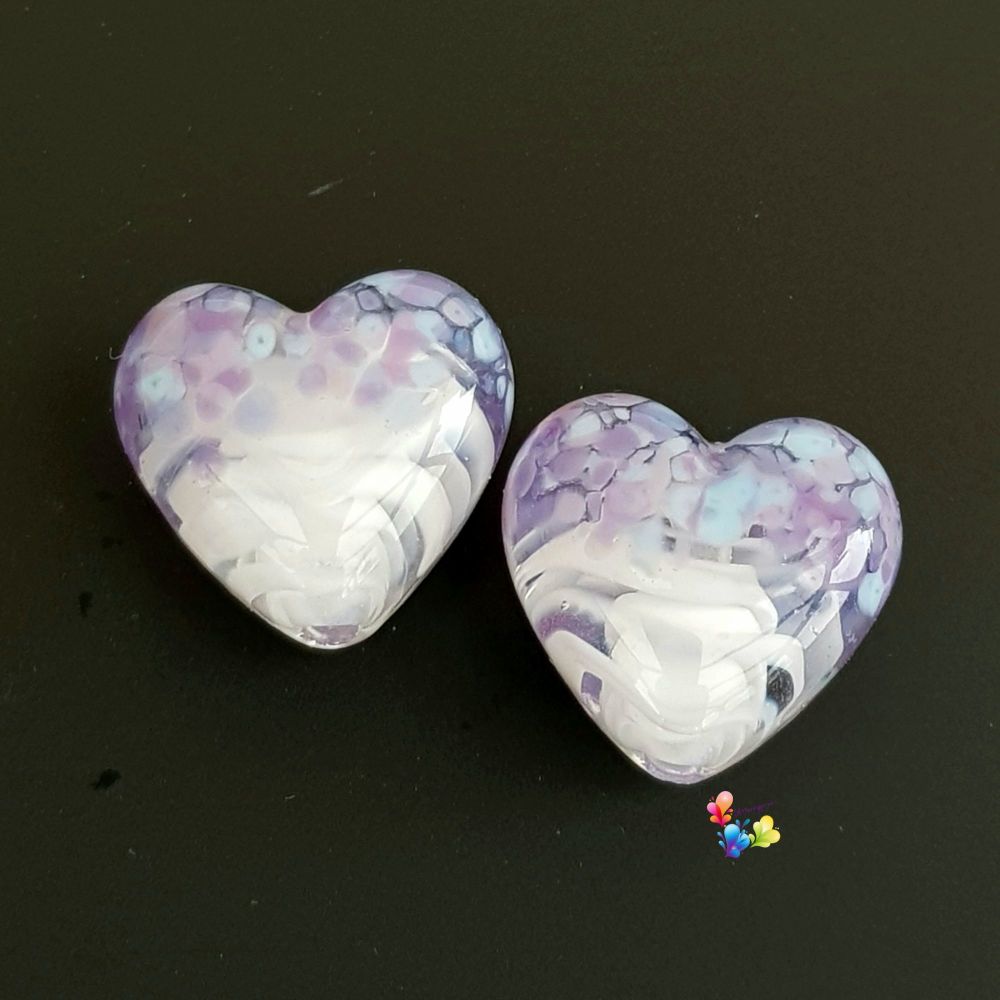 White Ribbon Bluebell  Heart Lampwork Beads