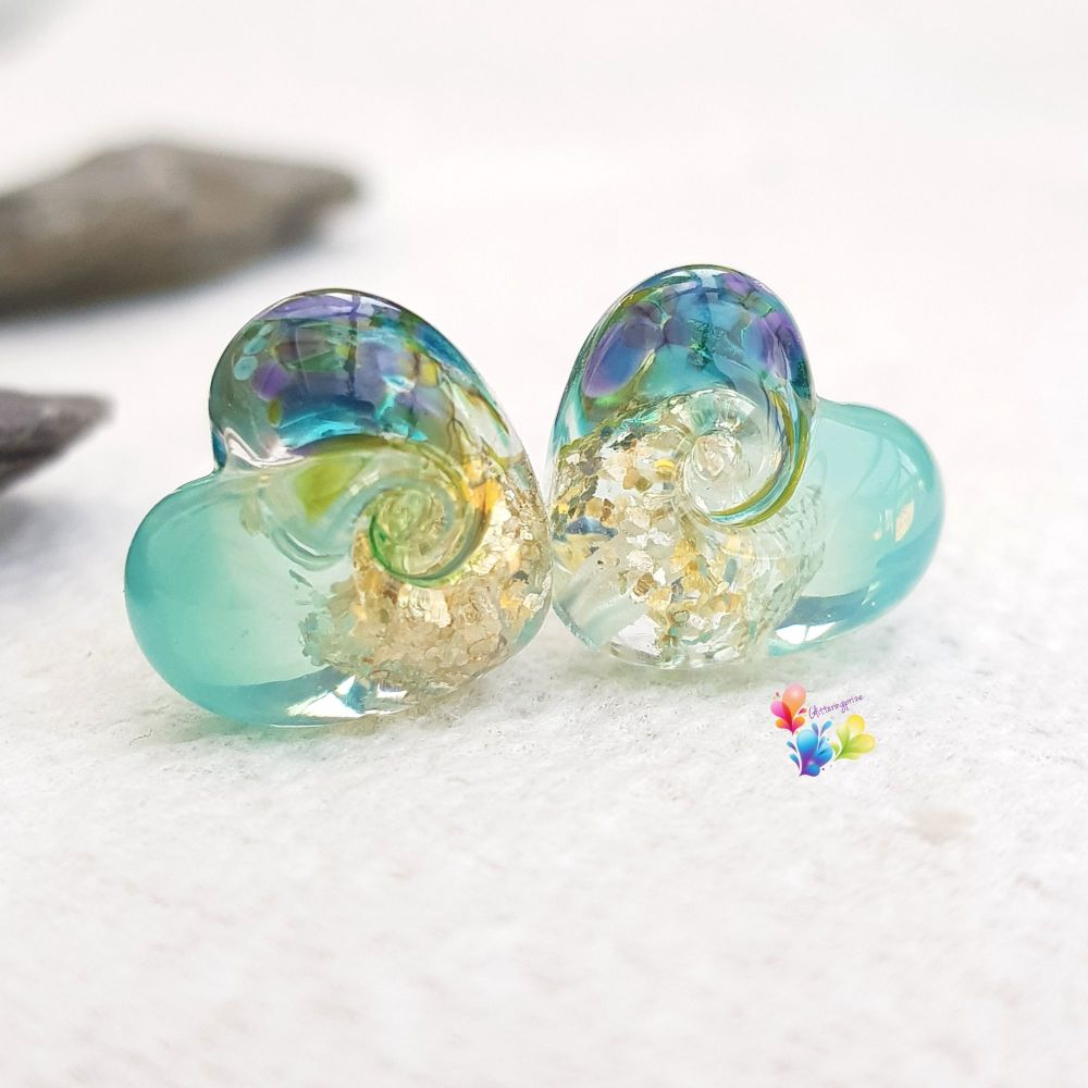 Ice Mint Nymph Patchwork Glass Heart Pair